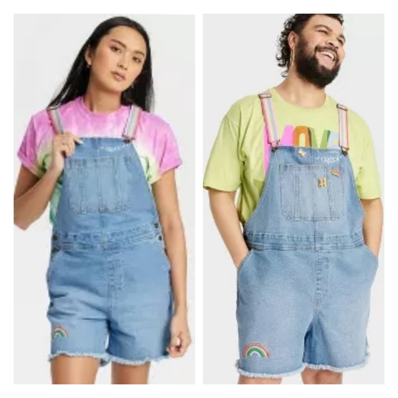 Take Pride Pants - New Take Pride Queen Embroidered Denim OVERALLS Rainbow Straps UNISEX Size XL.